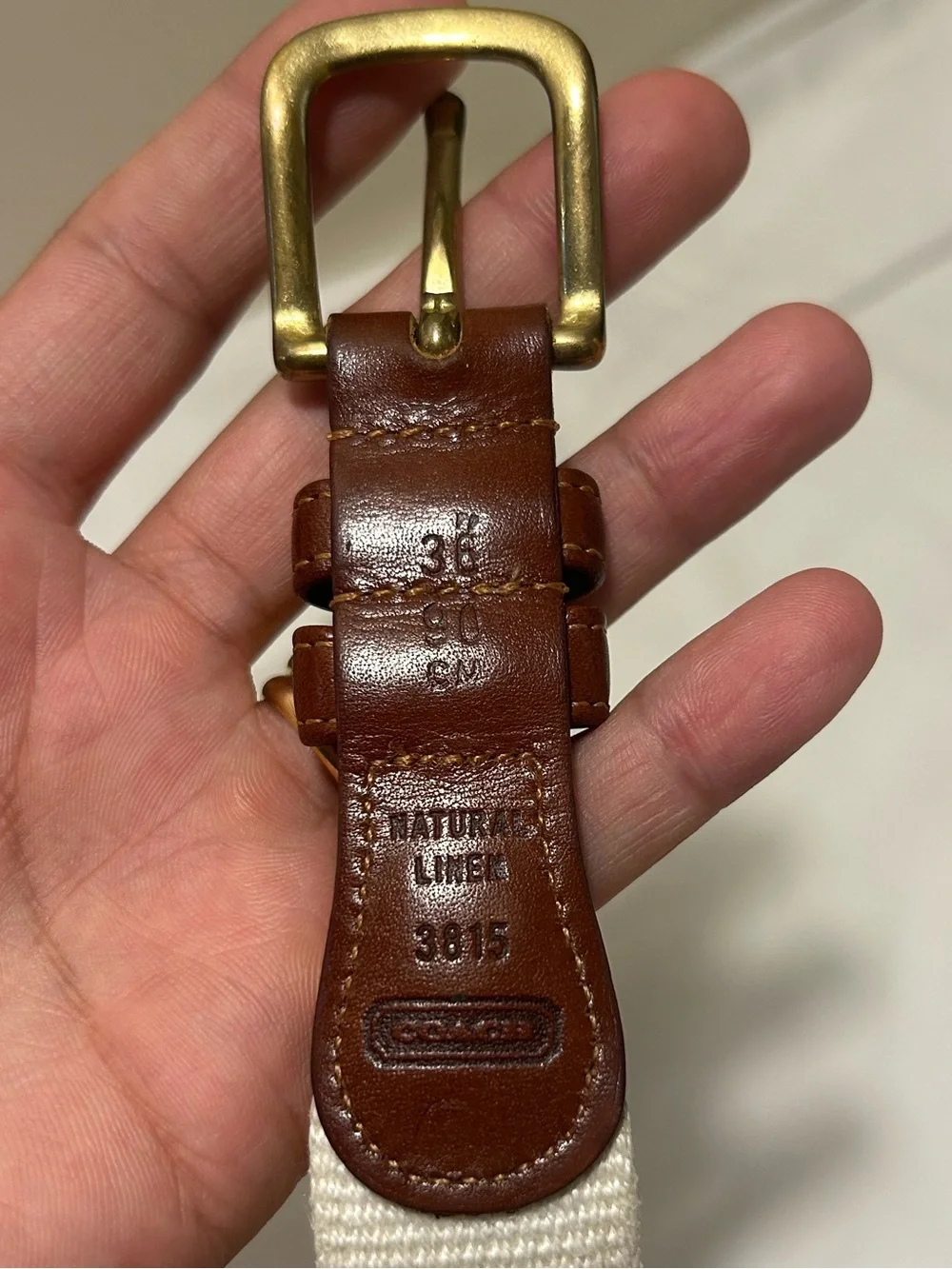 Vintage COACH Sz 36” Natural LINEN Belt Brown Leather and Brass Buckle